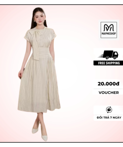 Váy đầm mapmoshop cổ nơ điệu đà nhẹ nhàng tay liền vai chờm thanh lịch dáng xoè VHN.2504.146