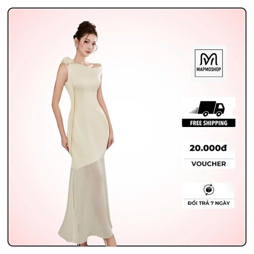 Váy đầm lụa nữ dự tiệc thiết kế Mapmoshop nữ tính trễ vai dáng dài V25